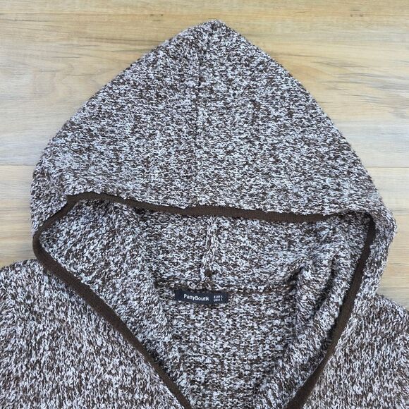 🩵Brown & White Variegated Trim Open Front Hooded Cardigan Large - Picture 8 of 14